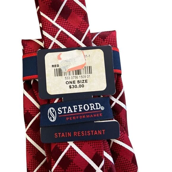 NWT STAFFORD PERFORMANCE Stain Resistant Red Plaid Tie - Picture 3 of 3